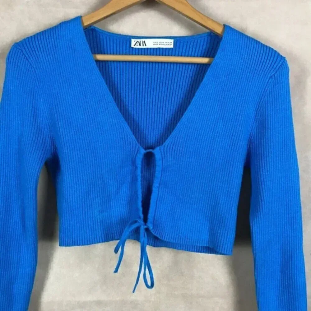 ZARA Blue Tie Front Rib Knit Crop Top Size Large
